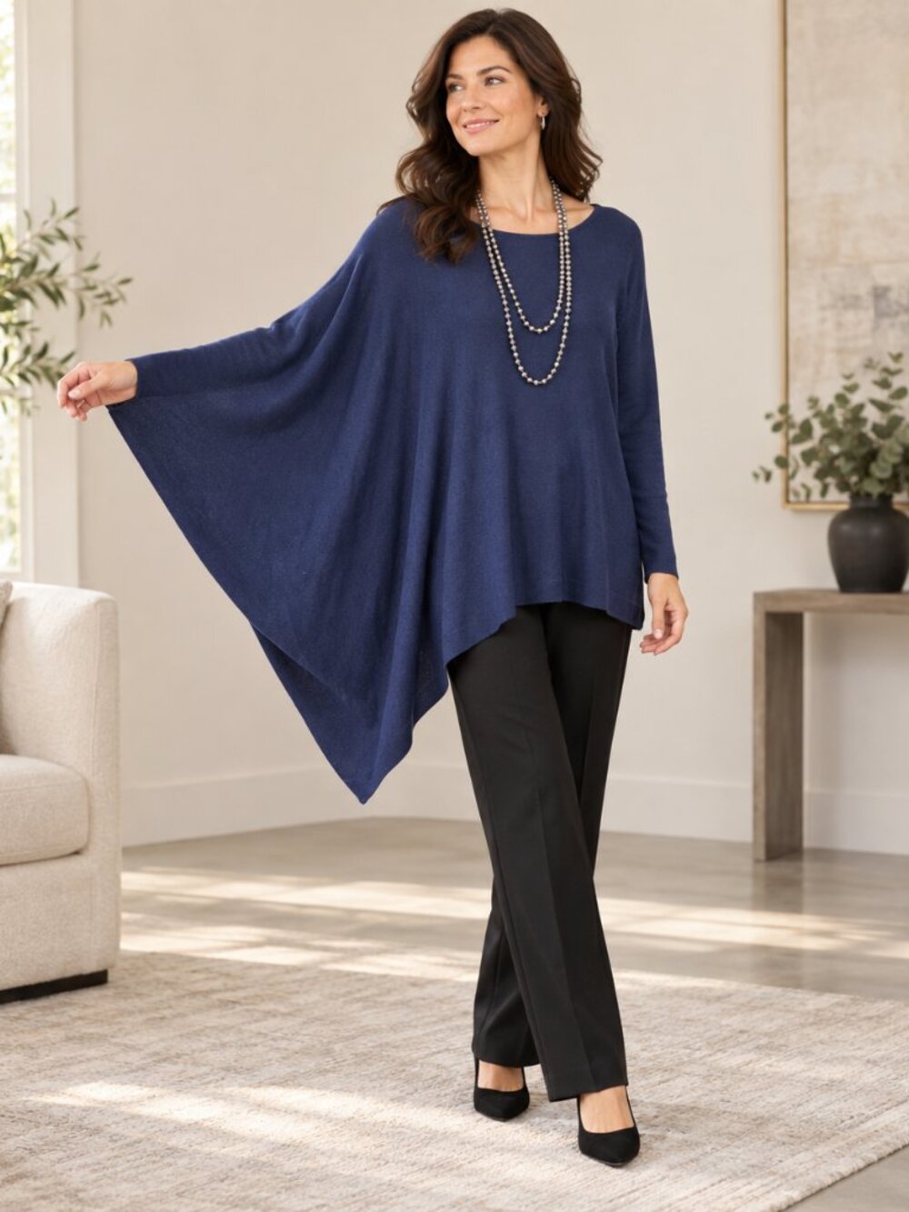 H by Halston Navy Blue Asymmetrical Sweater Knit Cape Top Size Large